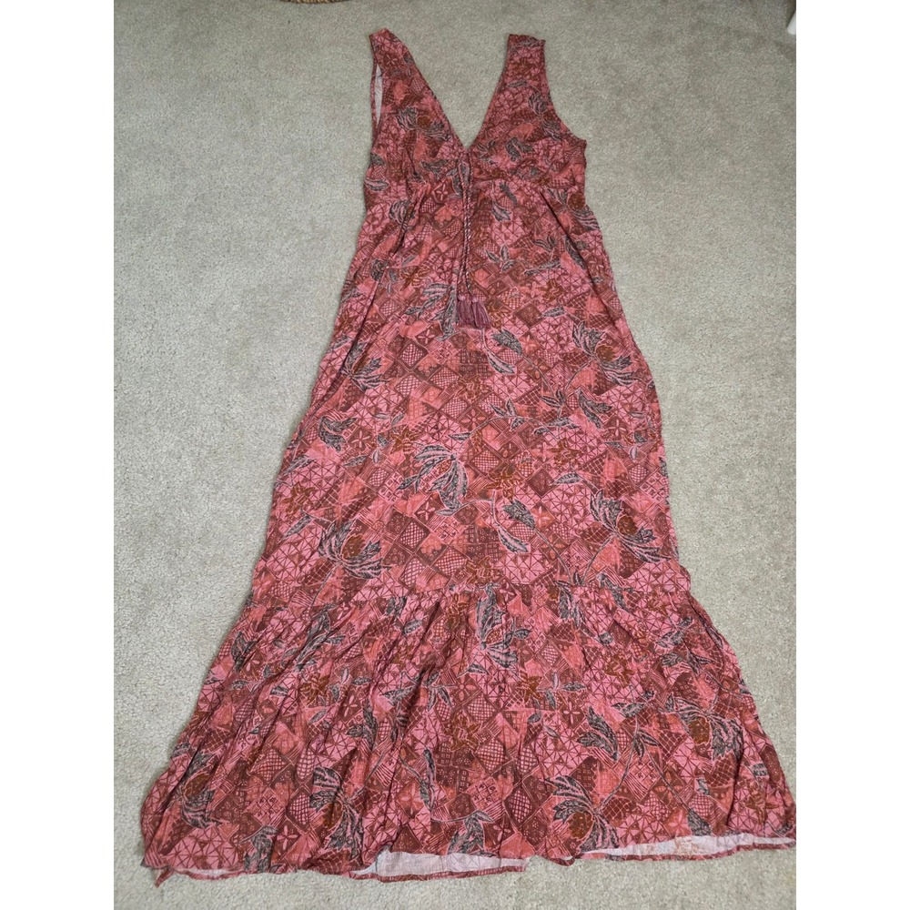 Faherty Brand Pink Tropical Geometric V-Neck Tassel Maxi Dress Small NWT